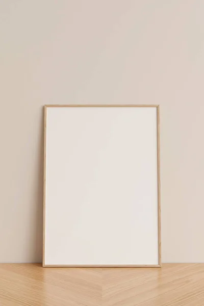 Temiz ve minimalist ön manzara dikey ahşap fotoğraf veya ahşap zemine yaslanmış poster çerçeve modeli. 3d oluşturma.