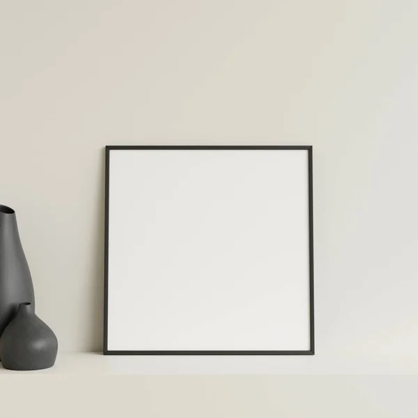 Minimalistische Frontansicht Quadratische Schwarze Foto Oder Posterrahmen Attrappe Lehnt Der — Stockfoto