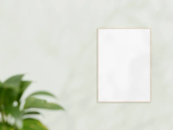 白色墙壁上的竖直木制框架模型 海报嘲笑 极小的框架 室内空框架 显示文本或产品 框架模型与阴影和植物 3D渲染 — 图库照片