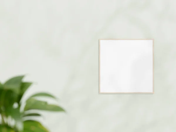 正方形的木制框架在白墙上模仿 海报嘲笑 极小的框架 室内空框架 显示文本或产品 框架模型与阴影和植物 3D渲染 — 图库照片