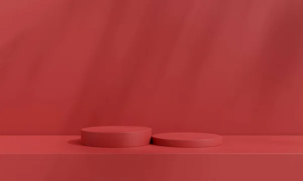 赤い部屋の赤や表彰台のステージ クリスマスやバレンタインデーのための最小限の背景 幾何学的な形状を持つ3Dレンダリングスタジオ 化粧品ディスプレイ — ストック写真