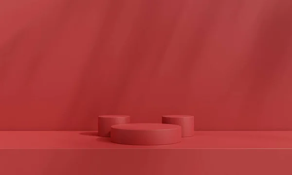 赤い部屋の赤や表彰台のステージ クリスマスやバレンタインデーのための最小限の背景 幾何学的な形状を持つ3Dレンダリングスタジオ 化粧品ディスプレイ — ストック写真