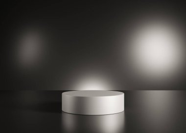 Gümüş ürün metal arka plan standı veya podyum kaidesi siyah arkaplan ile reklam ekranında.