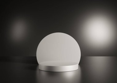 Gümüş ürün metal arka plan standı veya podyum kaidesi siyah arkaplan ile reklam ekranında.