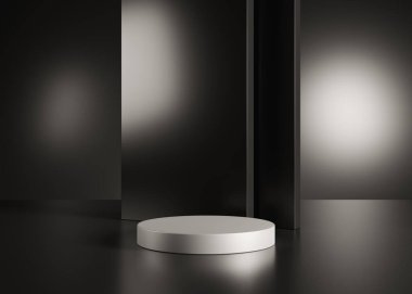 Gümüş ürün metal arka plan standı veya podyum kaidesi siyah arkaplan ile reklam ekranında.