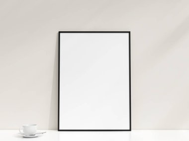 Beyaz duvara yaslanmış fotoğraf çerçeveli iç poster modeli. Minimalist fotoğraf çerçevesi modeli. Boş çerçeve beyaz masada duruyor. 3d oluşturma.