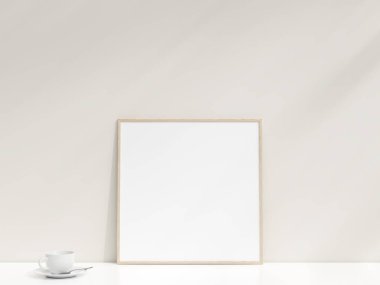 Beyaz duvara yaslanmış fotoğraf çerçeveli iç poster modeli. Minimalist fotoğraf çerçevesi modeli. Boş çerçeve beyaz masada duruyor. 3d oluşturma.