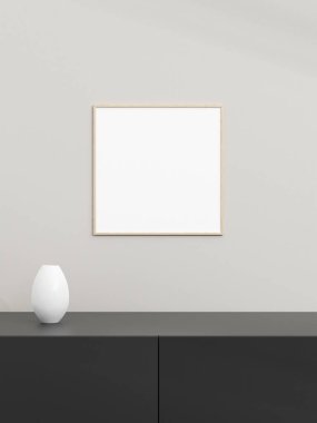 Siyah masanın üzerindeki fotoğraf çerçevesi. Poster modeli. Temiz, modern, minimal çerçeve. Minimalist bir geçmiş. Boş resim çerçeve modeli. 3d oluşturma.