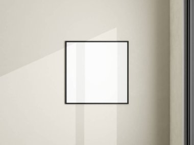 Beyaz duvardaki fotoğraf çerçevesi modeli. Minimalist bir geçmiş. Oturma odasında boş bir çerçeve modeli. Poster modeli. Temiz, modern, minimal çerçeve. 3d oluşturma.