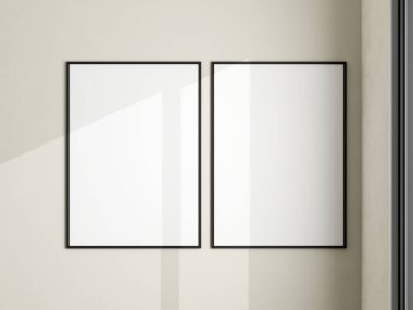 Beyaz duvardaki fotoğraf çerçevesi modeli. Minimalist bir geçmiş. Oturma odasında boş bir çerçeve modeli. Poster modeli. Temiz, modern, minimal çerçeve. 3d oluşturma.