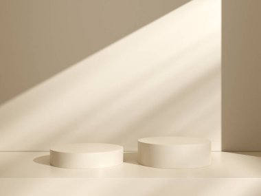 3 boyutlu arka plan, doğal gölge bej arka planda kaide podyumu. Tropik ürün tanıtımı Güzellik Kozmetik Sergisi. Minimum podyum reklamı. 3d oluşturma.