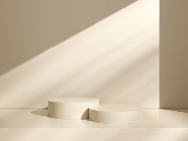 3 boyutlu arka plan, doğal gölge bej arka planda kaide podyumu. Tropik ürün tanıtımı Güzellik Kozmetik Sergisi. Minimum podyum reklamı. 3d oluşturma.