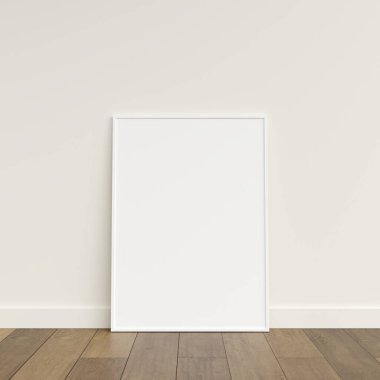 Ahşap zeminde duvara yaslanmış boş bir çerçeve. Ahşap zeminde duran boş poster çerçevesi. Boş poster çerçeve modeli. Boş çerçeve modeli. 3d oluşturma.