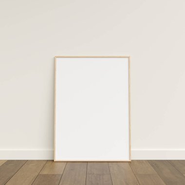 Ahşap zeminde duvara yaslanmış boş bir çerçeve. Ahşap zeminde duran boş poster çerçevesi. Boş poster çerçeve modeli. Boş çerçeve modeli. 3d oluşturma.