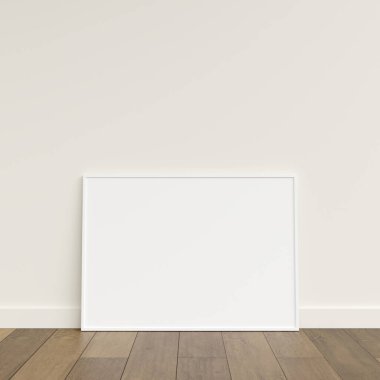 Ahşap zeminde duvara yaslanmış boş bir çerçeve. Ahşap zeminde duran boş poster çerçevesi. Boş poster çerçeve modeli. Boş çerçeve modeli. 3d oluşturma.