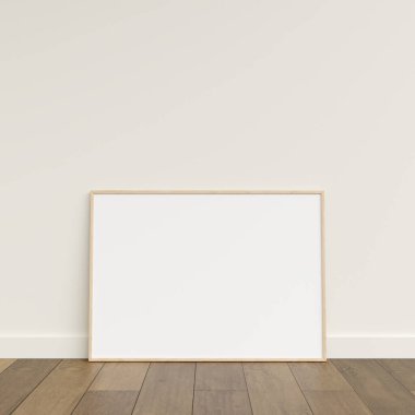 Ahşap zeminde duvara yaslanmış boş bir çerçeve. Ahşap zeminde duran boş poster çerçevesi. Boş poster çerçeve modeli. Boş çerçeve modeli. 3d oluşturma.