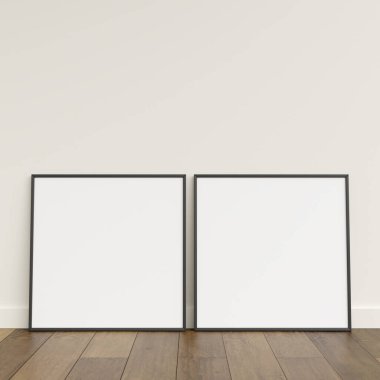 Ahşap zeminde duvara yaslanmış boş bir çerçeve. Ahşap zeminde duran boş poster çerçevesi. Boş poster çerçeve modeli. Boş çerçeve modeli. 3d oluşturma.