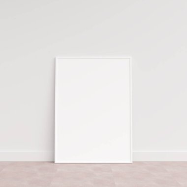 Ahşap zeminde duvara yaslanmış boş bir çerçeve. Ahşap zeminde duran boş poster çerçevesi. Boş poster çerçeve modeli. Boş çerçeve modeli. 3d oluşturma.