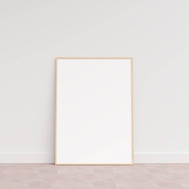 Ahşap zeminde duvara yaslanmış boş bir çerçeve. Ahşap zeminde duran boş poster çerçevesi. Boş poster çerçeve modeli. Boş çerçeve modeli. 3d oluşturma.