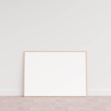 Ahşap zeminde duvara yaslanmış boş bir çerçeve. Ahşap zeminde duran boş poster çerçevesi. Boş poster çerçeve modeli. Boş çerçeve modeli. 3d oluşturma.