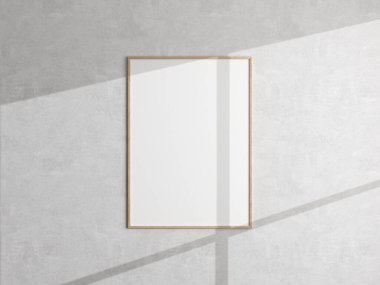 Beyaz duvarda asgari poster çerçeve modeli asılı. Boş çerçeve modeli. Temiz, modern, minimal çerçeve. 3d oluşturma.