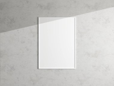 Beyaz duvarda asgari poster çerçeve modeli asılı. Boş çerçeve modeli. Temiz, modern, minimal çerçeve. 3d oluşturma.