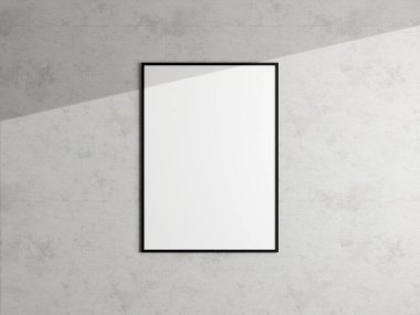 Beyaz duvarda asgari poster çerçeve modeli asılı. Boş çerçeve modeli. Temiz, modern, minimal çerçeve. 3d oluşturma.