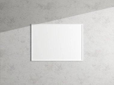 Beyaz duvarda asgari poster çerçeve modeli asılı. Boş çerçeve modeli. Temiz, modern, minimal çerçeve. 3d oluşturma.