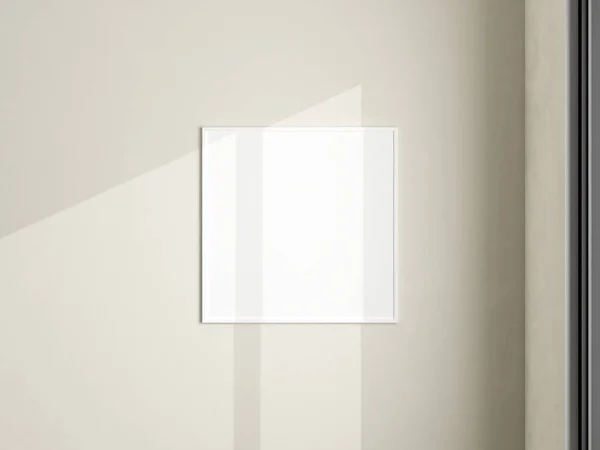 白い壁に写真フレームのモックアップ 最小限の背景 リビングルームでのブランク画像フレームのモックアップ ポスターモックアップ 清潔で近代的でミニマルなフレーム 3Dレンダリング — ストック写真