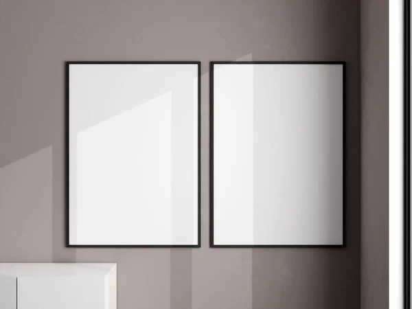 白色墙壁上的相框模型 客厅里的空白相框 海报嘲笑 极小的框架 最低纲领的背景 3D渲染 — 图库照片