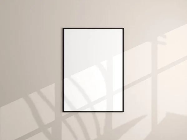 相框模型挂在米黄色的墙上 最低纲领的背景 客厅里的空白相框 海报嘲笑 极小的框架 3D渲染 — 图库照片