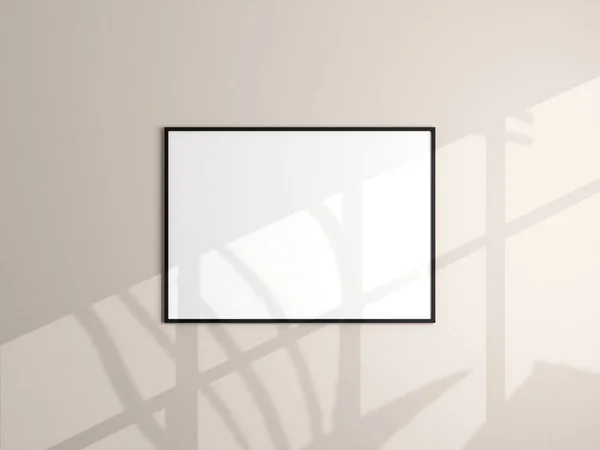 相框模型挂在米黄色的墙上 最低纲领的背景 客厅里的空白相框 海报嘲笑 极小的框架 3D渲染 — 图库照片