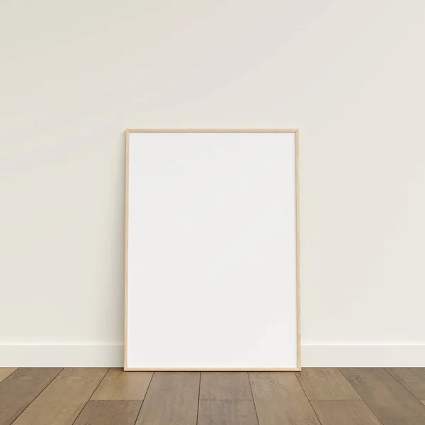 Empty Picture Frame Wooden Floor Leaning Wall Blank Poster Frame — Stock Photo, Image