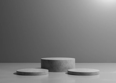 Gri gölgeler soyut çimento sahnesi ya da podyum boş metal duvar arka planında arkaplan ışığı ile ürün sunumunuz için yer
