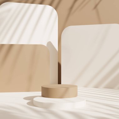 Geometrik podyum platformlu bej renkli en küçük sahneyi göster. Kozmetik ürünler için silindir arka plan. Temelde sahne gösterisi