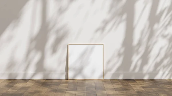 Frame Poster Mockup Wooden Floor White Wall Sunlight Shadow Overlay — Stock Photo, Image