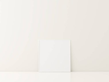 Beyaz zeminde duran posterli çerçeve. Minimalist çerçeve modeli. 3d oluşturma