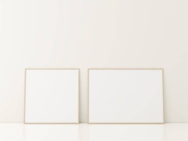 Beyaz zeminde duran posterli çerçeve. Minimalist çerçeve modeli. 3d oluşturma