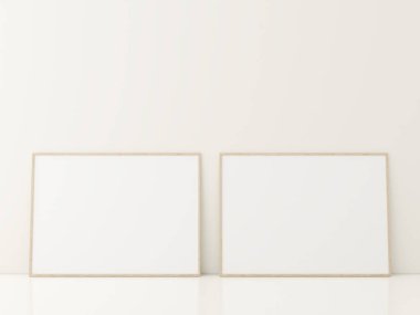 Beyaz zeminde duran posterli çerçeve. Minimalist çerçeve modeli. 3d oluşturma