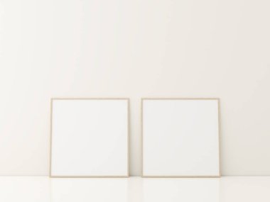 Beyaz zeminde duran posterli çerçeve. Minimalist çerçeve modeli. 3d oluşturma