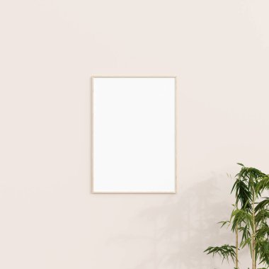 Beyaz duvarda bitkilerle en az çerçeve modellemesi. Poster modeli. Temiz, modern, minimal çerçeve. 3d oluşturma.