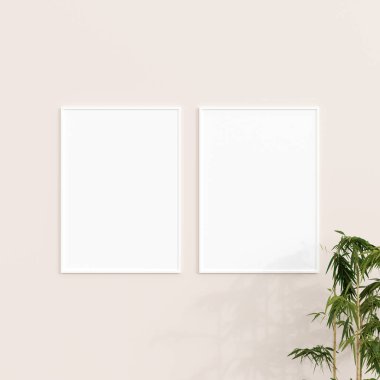 Beyaz duvarda bitkilerle en az çerçeve modellemesi. Poster modeli. Temiz, modern, minimal çerçeve. 3d oluşturma.