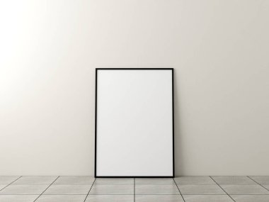Fotoğraf çerçevesi modeli. Mermer zeminde beyaz duvarlı bir poster. 3d oluşturma.