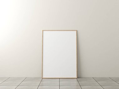 Fotoğraf çerçevesi modeli. Mermer zeminde beyaz duvarlı bir poster. 3d oluşturma.