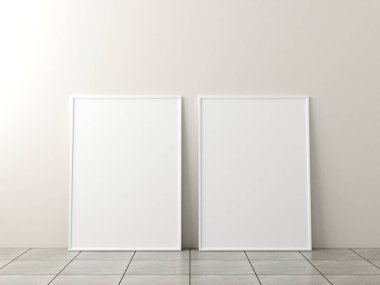 Fotoğraf çerçevesi modeli. Mermer zeminde beyaz duvarlı bir poster. 3d oluşturma.