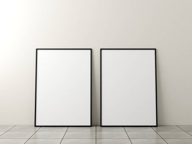 Fotoğraf çerçevesi modeli. Mermer zeminde beyaz duvarlı bir poster. 3d oluşturma.