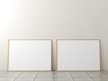 Fotoğraf çerçevesi modeli. Mermer zeminde beyaz duvarlı bir poster. 3d oluşturma.