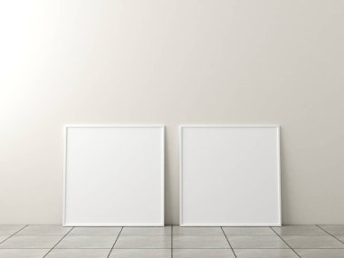 Fotoğraf çerçevesi modeli. Mermer zeminde beyaz duvarlı bir poster. 3d oluşturma.