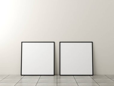 Fotoğraf çerçevesi modeli. Mermer zeminde beyaz duvarlı bir poster. 3d oluşturma.