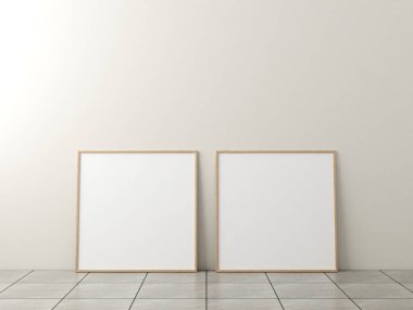 Fotoğraf çerçevesi modeli. Mermer zeminde beyaz duvarlı bir poster. 3d oluşturma.